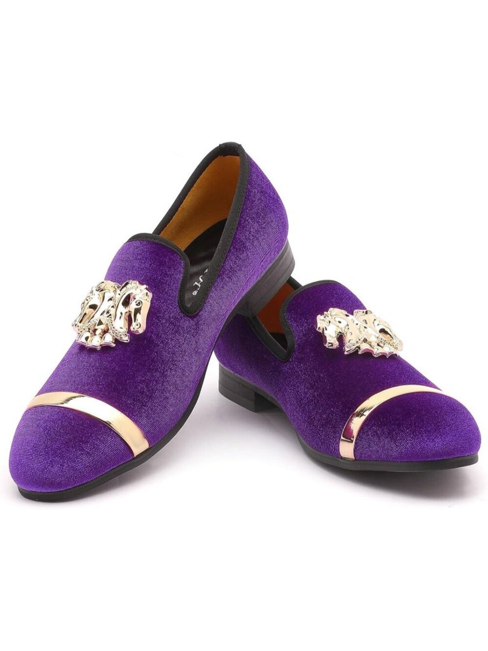XQWFH Men's Purple Leather Velvet Loafers With Gold Plate Smoking Slip On Shoes